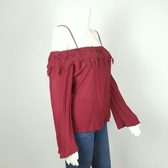 AMBIANCE Women's Spaghetti Strap Cold Shoulder Burgundy top - Picture 5 of 5